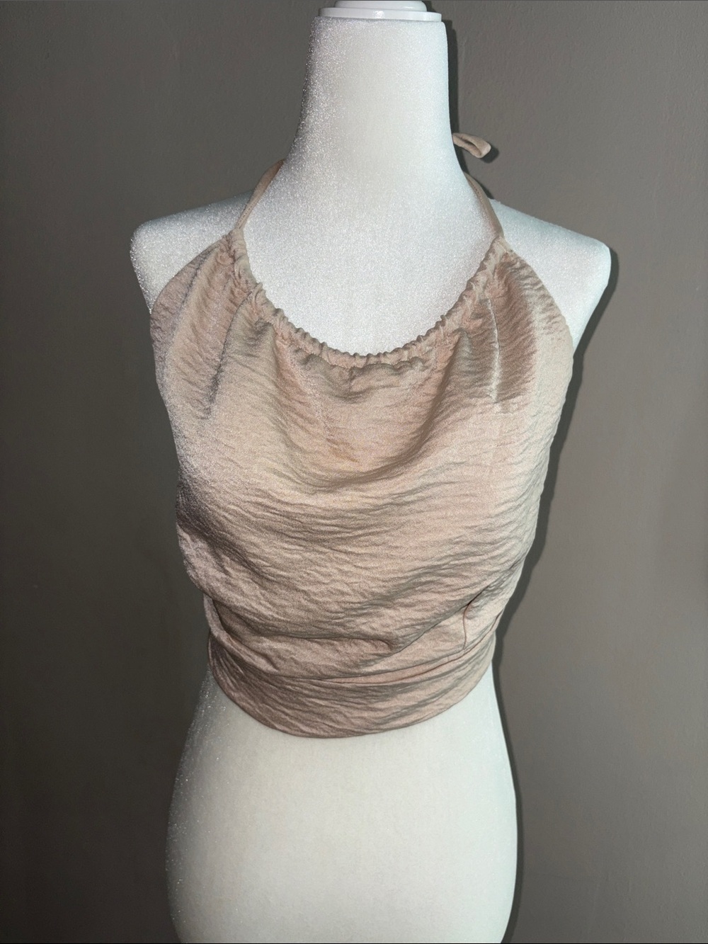 Woven Halter Crop Top with Tie Back in Cream - Picture 2 of 3
